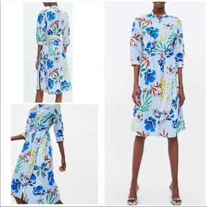 Zara Striped and Floral Blue Twist Tie Button Up Dress